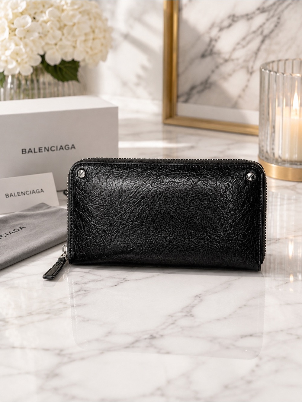 Balenciaga Black Distressed Long Zip Wallet Classic Arena Leather Full Set